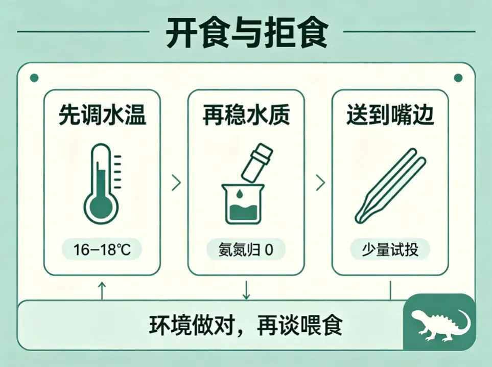 六角恐龙喂食，开食与拒食处理