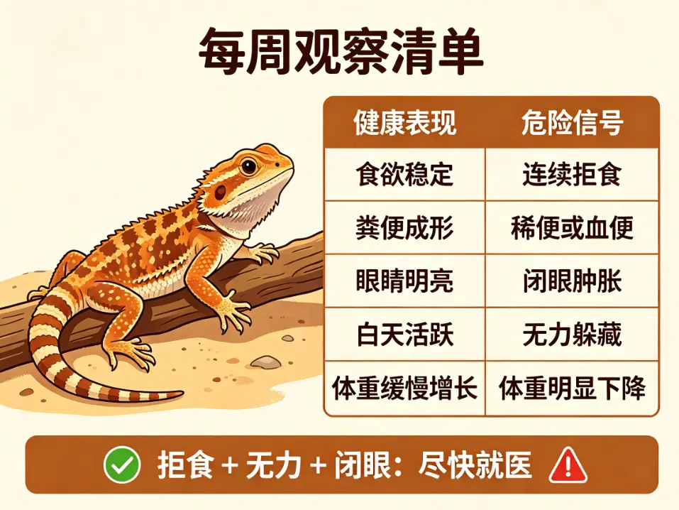 鬃狮蜥延寿秘诀，每周观察清单