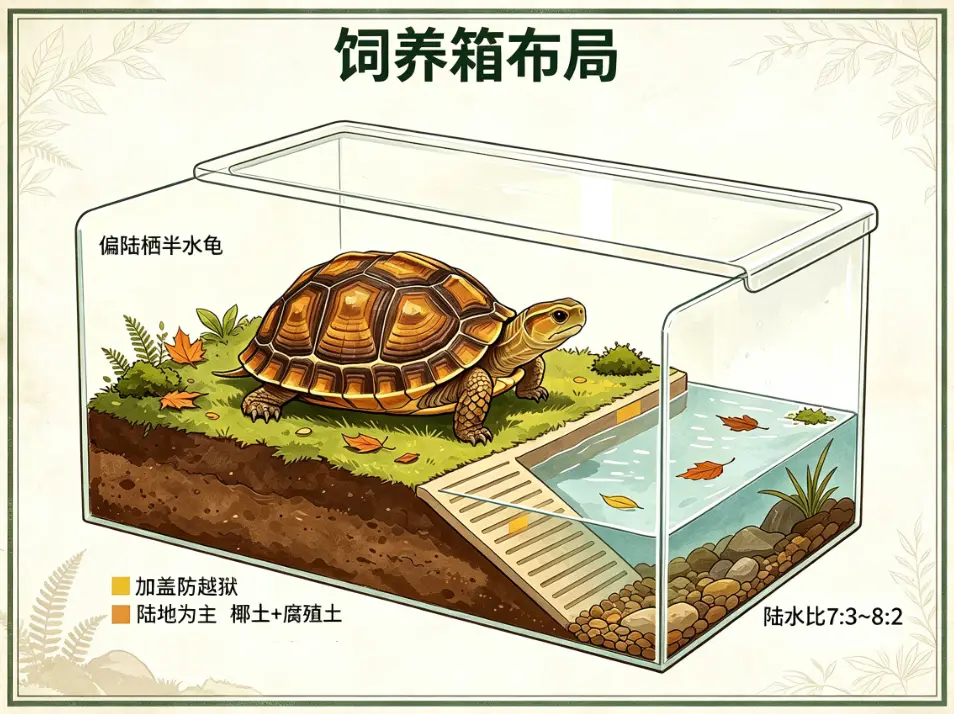黄缘闭壳龟饲养指南：饲养箱布局