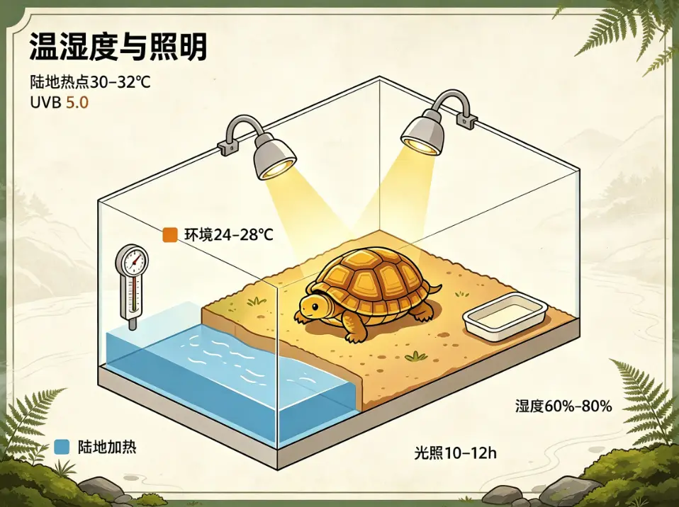 黄缘闭壳龟饲养指南：温湿度与照明