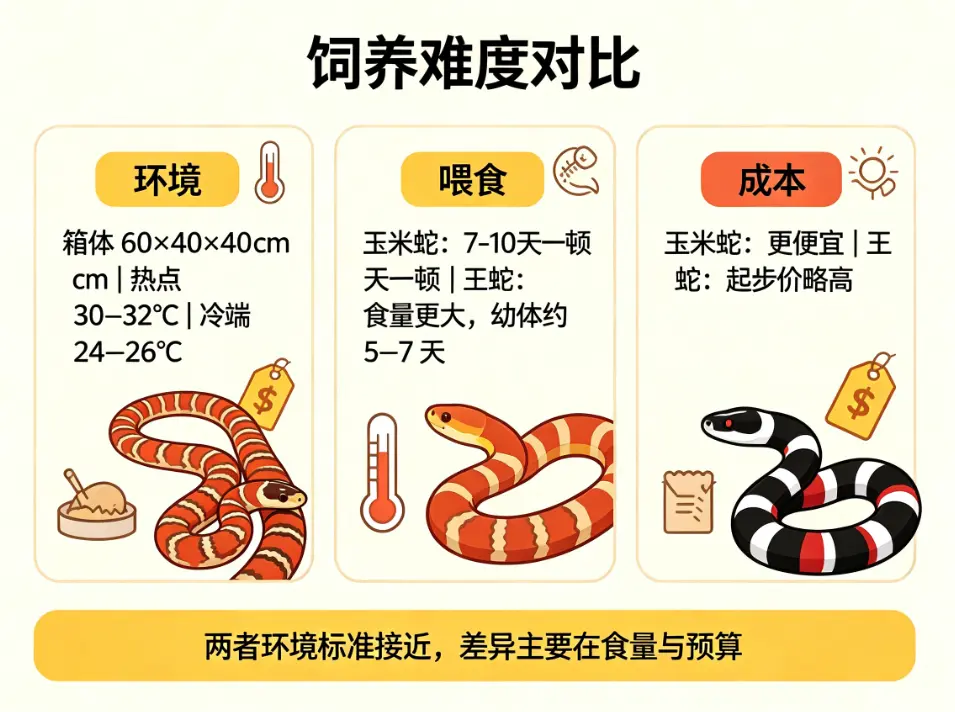 玉米蛇和王蛇饲养难度对比