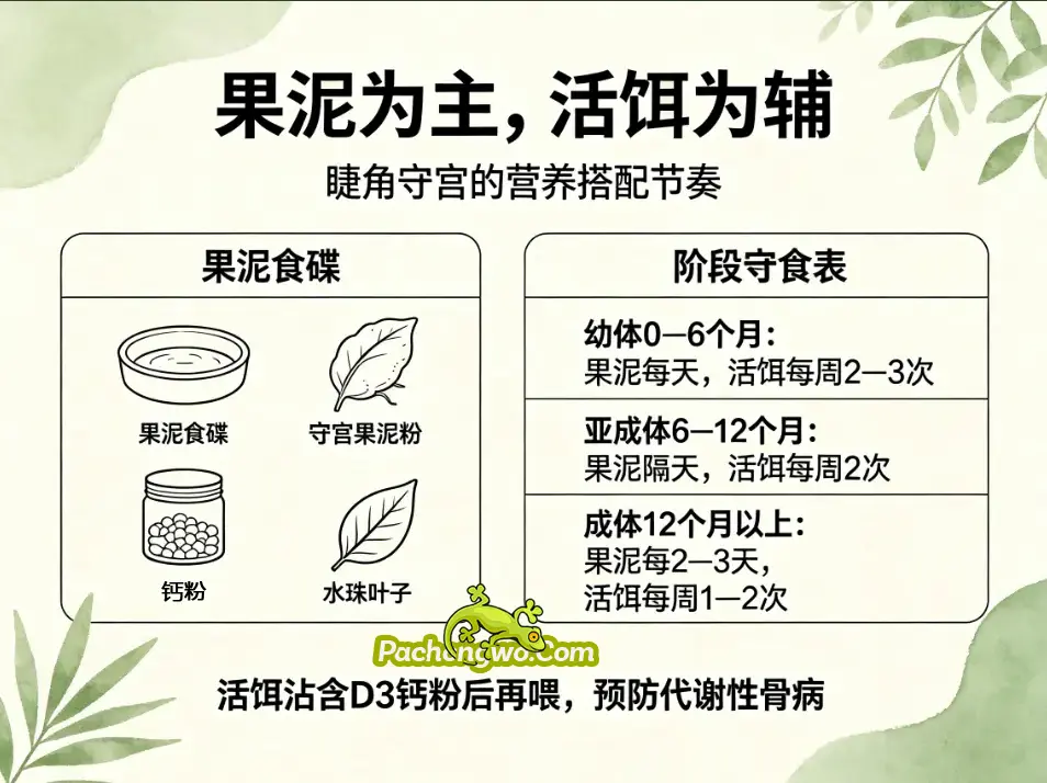 睫角守宫营养搭配：守宫果泥与活饵的喂食示意