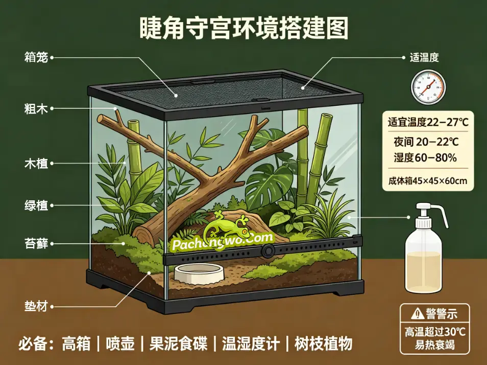 睫角守宫高箱环境搭建示意图，展示树枝与植物造景