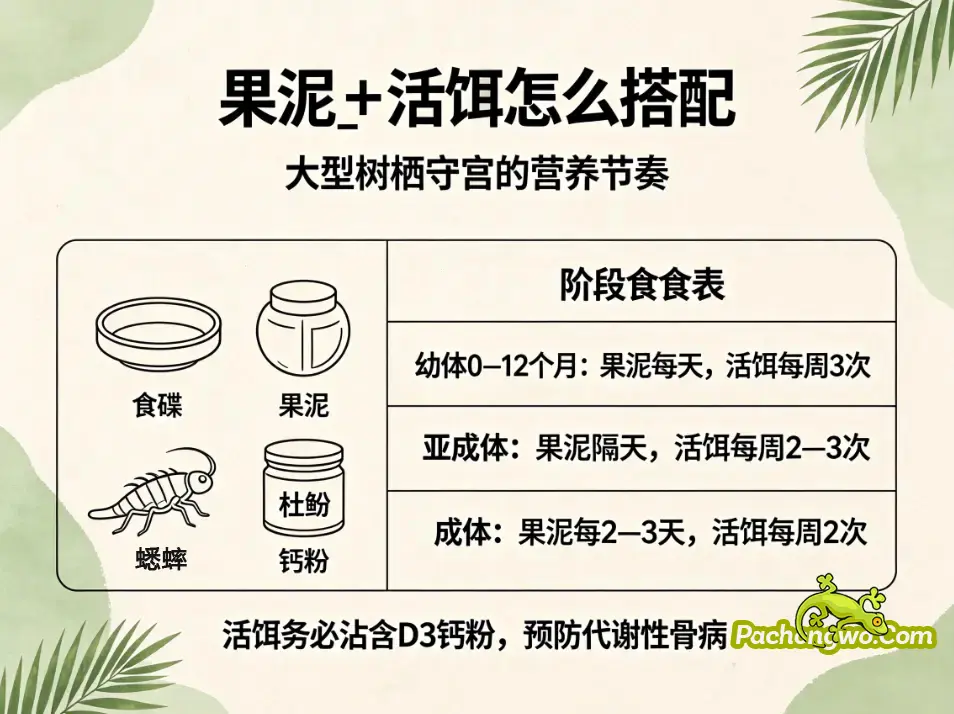 守宫果泥与沾钙粉活饵的搭配示意,体现大型树栖守宫的营养安排