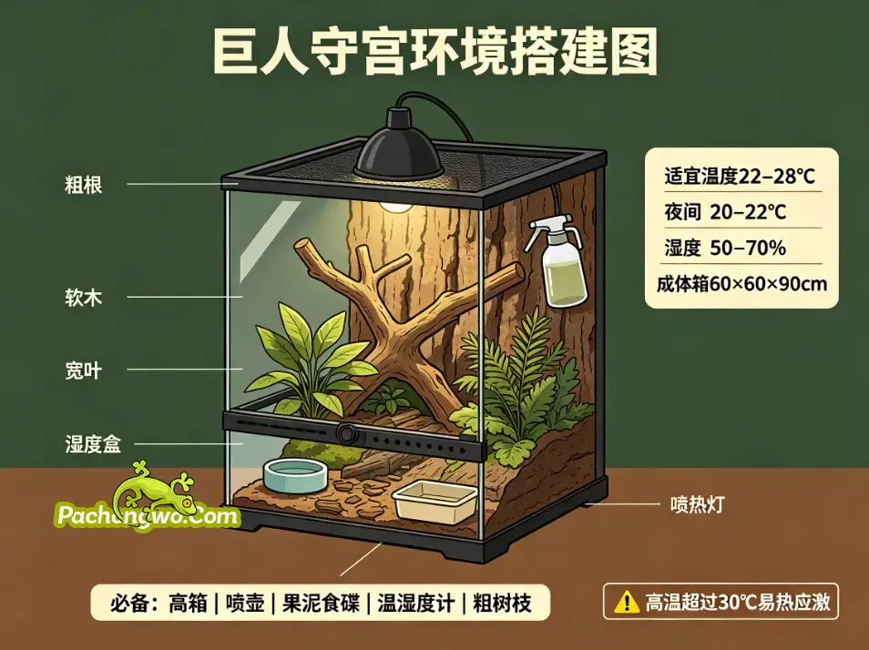 巨人守宫高型饲养箱布置示意图:粗树枝、植物与躲藏空间