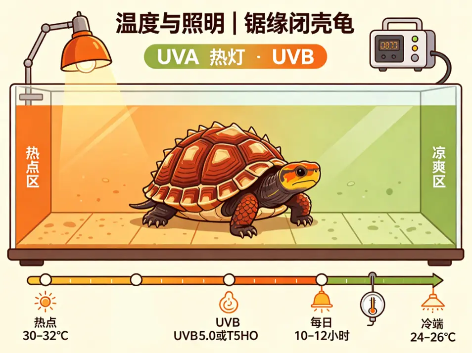 锯缘闭壳龟饲养指南：温度与照明