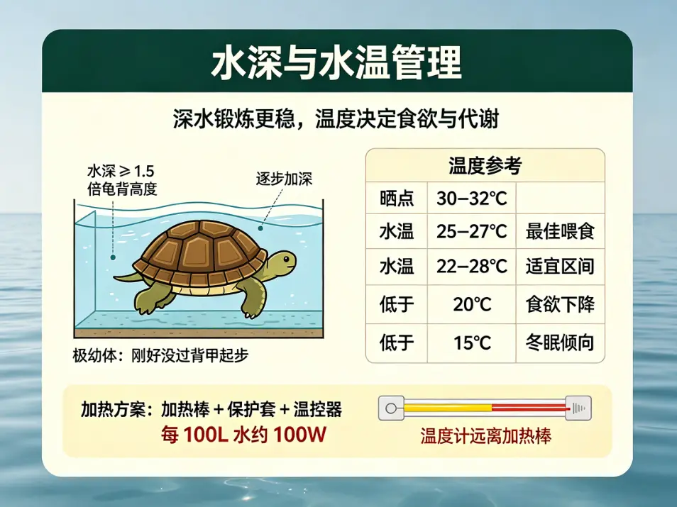 水龟缸养护指南：水深与水温管理